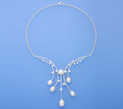 Sterling Silver Necklace with Oval and Button Shape Freshwater Pearl and Cubic Zirconia