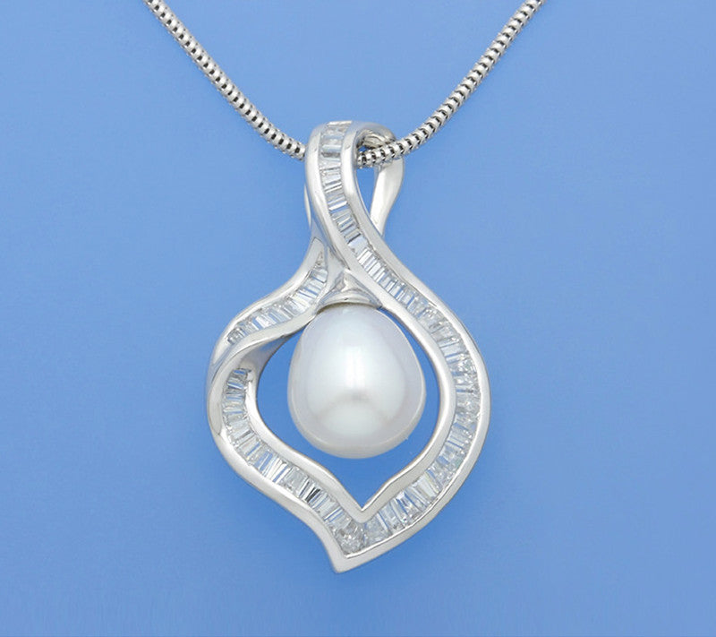 Sterling Silver Pendant with 9.5-19mm Drop Shape Freshwater Pearl and Cubic Zirconia - Wing Wo Hing Jewelry Group - Pearl Jewelry Manufacturer