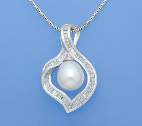 Sterling Silver Pendant with 9.5-19mm Drop Shape Freshwater Pearl and Cubic Zirconia