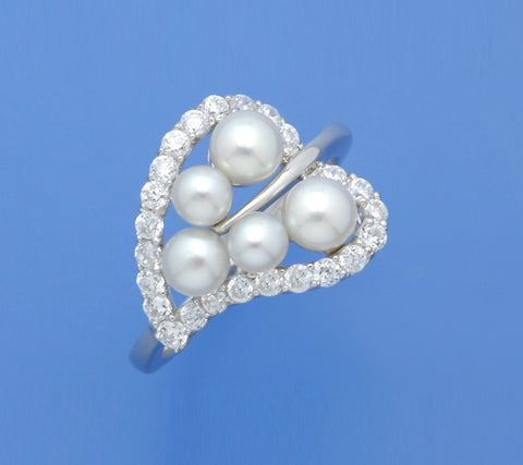 Sterling Silver Ring with Button Shape Freshwater Pearl and Cubic Zirconia