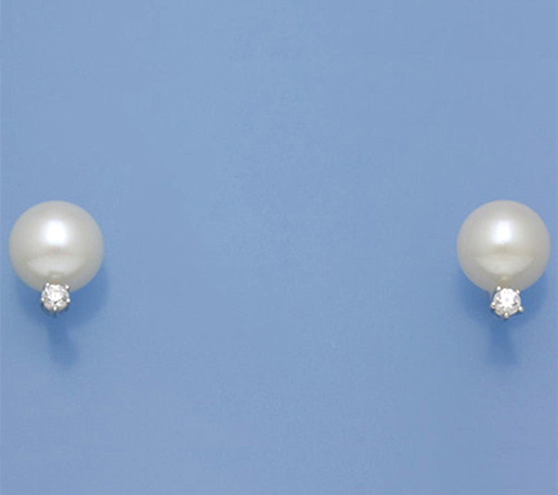 Sterling Silver Earrings with 8-8.5mm Button Shape Freshwater Pearl and Cubic Zirconia - Wing Wo Hing Jewelry Group - Pearl Jewelry Manufacturer