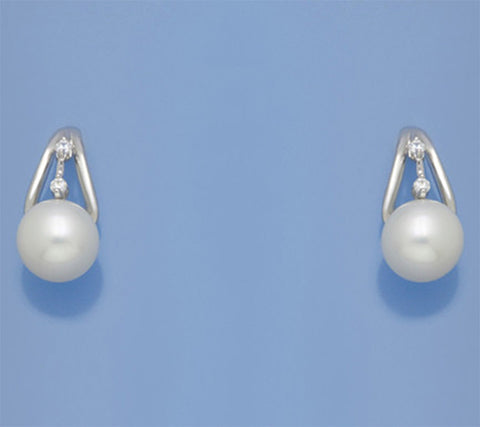 Sterling Silver Earrings with 8-8.5mm Round Shape Freshwater Pearl and Cubic Zirconia