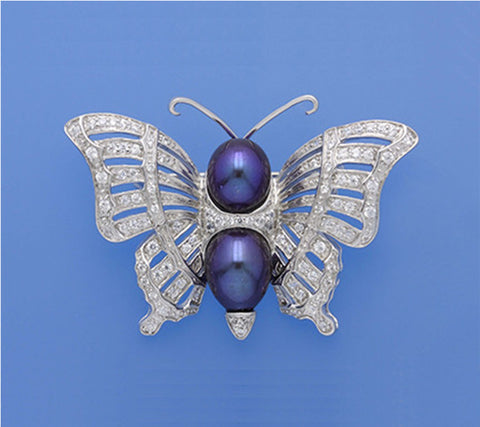 Sterling Silver Brooch with 8-9mm Drop Shape Freshwater Pearl and Cubic Zirconia