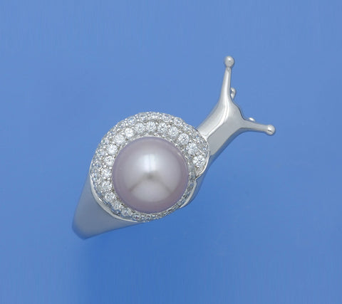 Sterling Silver Ring with 10.5-11mm Ringed Shape Freshwater Pearl and Cubic Zirconia