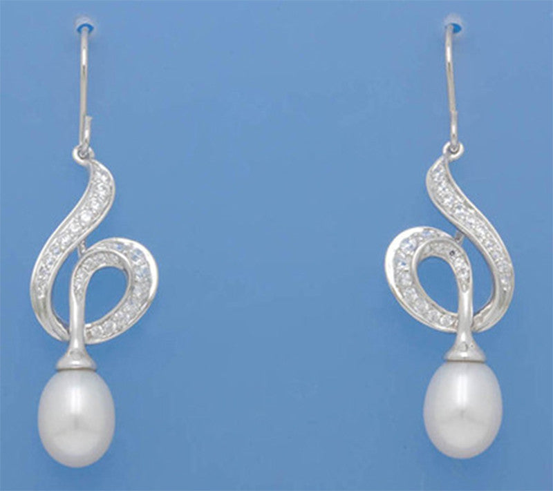 Sterling Silver Earrings with 8.5-9mm Drop Shape Freshwater Pearl and Cubic Zirconia - Wing Wo Hing Jewelry Group - Pearl Jewelry Manufacturer