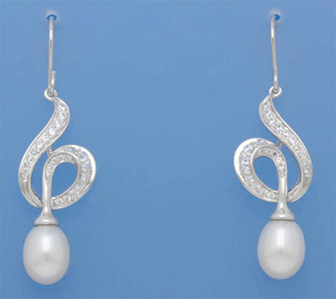 Sterling Silver Earrings with 8.5-9mm Drop Shape Freshwater Pearl and Cubic Zirconia