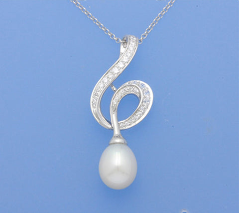 Sterling Silver Pendant with 9.5-10mm Drop Shape Freshwater Pearl and Cubic Zirconia