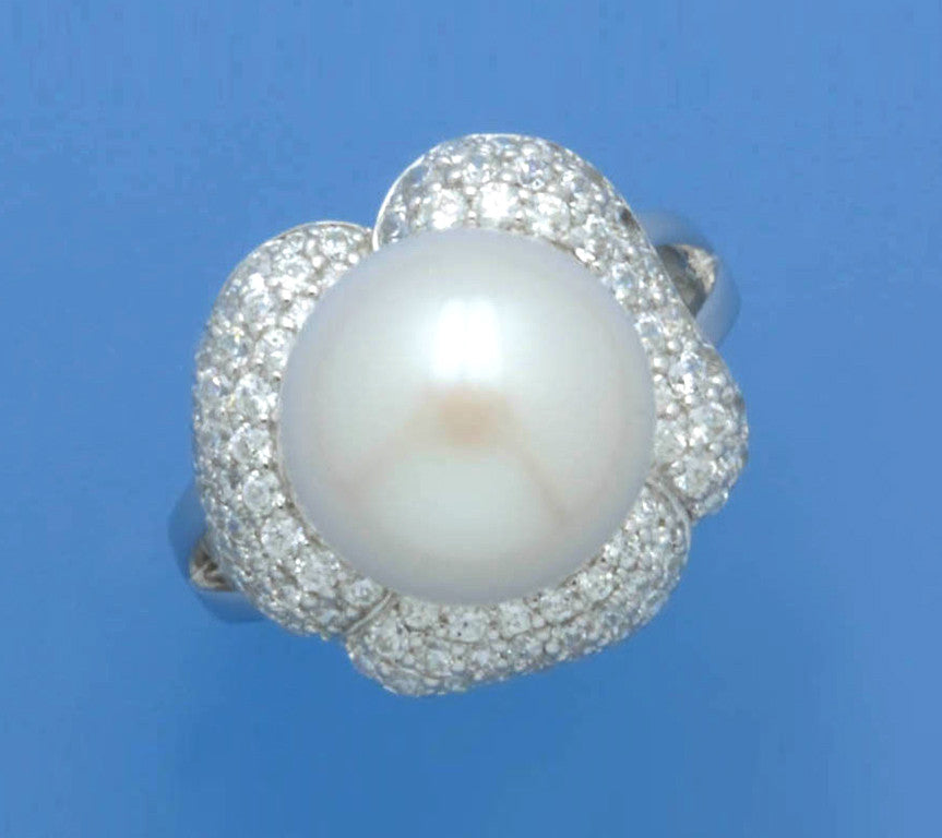 Sterling Silver Ring with 12-12.5mm Button Shape Freshwater Pearl and Cubic Zirconia - Wing Wo Hing Jewelry Group - Pearl Jewelry Manufacturer