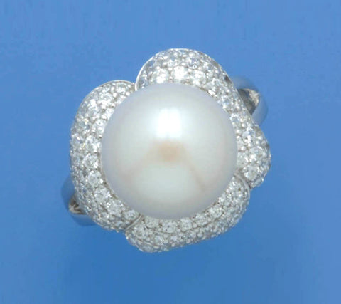 Sterling Silver Ring with 12-12.5mm Button Shape Freshwater Pearl and Cubic Zirconia