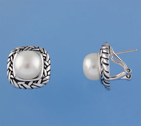 White and Black Plated Silver Earrings with 9.5-10mm Button Shape Freshwater Pearl