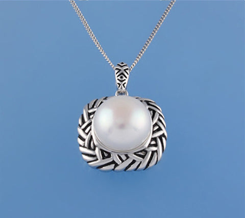 White and Black Plated Silver Pendant with 11.5-12mm Button Shape Freshwater Pearl