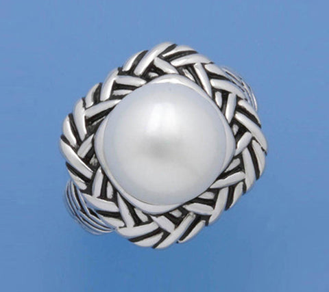 White and Black Plated Silver Ring with 12-12.5mm Button Shape Freshwater Pearl