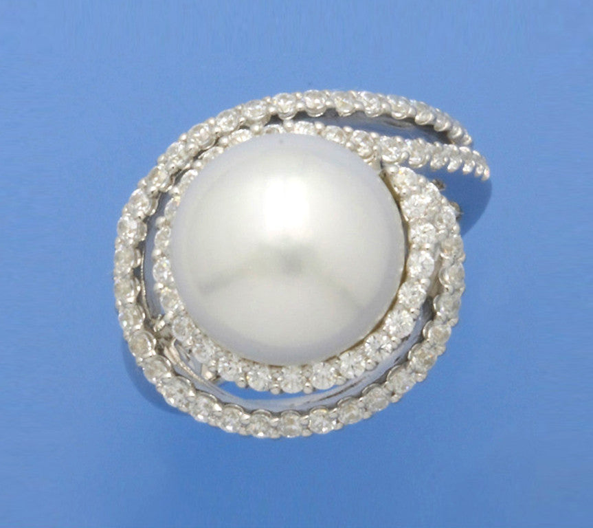 Sterling Silver Ring with 12-12.5mm Button Shape Freshwater Pearl and Cubic Zirconia - Wing Wo Hing Jewelry Group - Pearl Jewelry Manufacturer