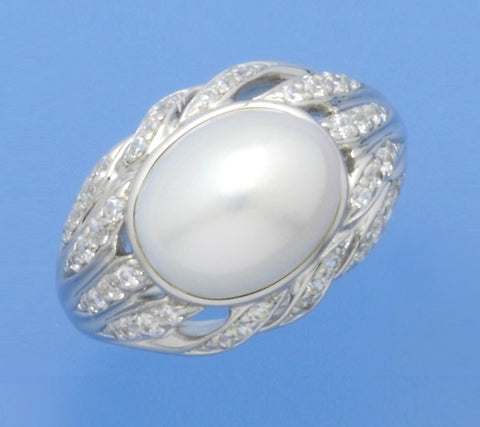 Sterling Silver Ring with 9*12mm Oval Shape Freshwater Pearl and Cubic Zirconia