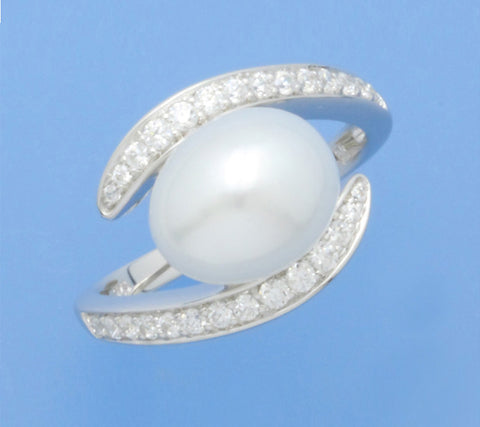 Sterling Silver Ring with 9*11mm Oval Shape Freshwater Pearl and Cubic Zirconia