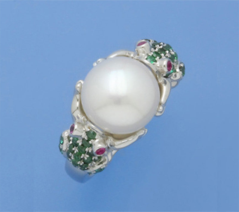 Sterling Silver Ring with 10-10.5mm Button Shape Freshwater Pearl and Green and Red Corundum - Wing Wo Hing Jewelry Group - Pearl Jewelry Manufacturer