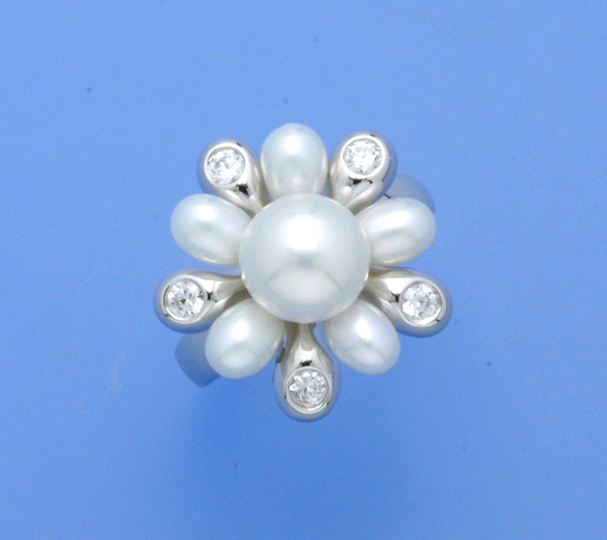 Sterling Silver Ring with 4-9mm Drop and Button Shape Freshwater Pearl and Cubic Zirconia - Wing Wo Hing Jewelry Group - Pearl Jewelry Manufacturer