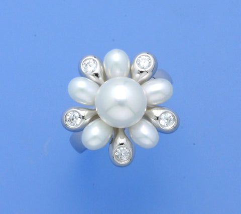 Sterling Silver Ring with 4-9mm Drop and Button Shape Freshwater Pearl and Cubic Zirconia