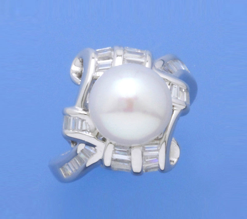 Sterling Silver Ring with 10-10.5mm Button Shape Freshwater Pearl and Cubic Zirconia - Wing Wo Hing Jewelry Group - Pearl Jewelry Manufacturer