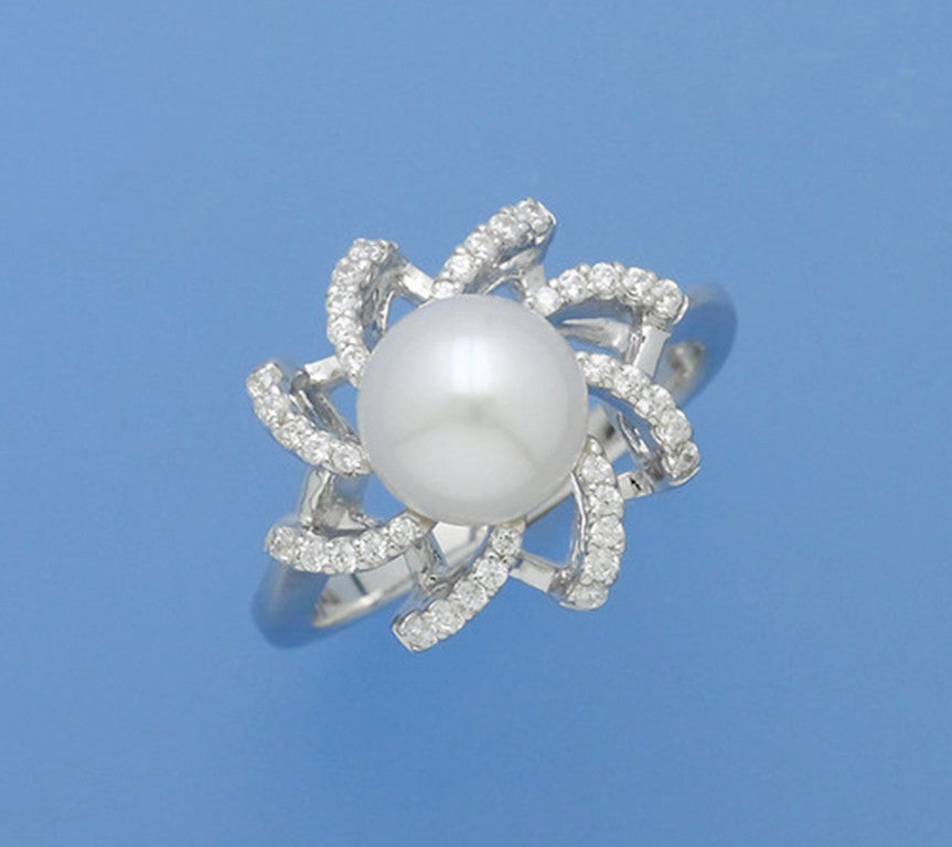 Sterling Silver Ring with 8-8.5mm Button Shape Freshwater Pearl and Cubic Zirconia - Wing Wo Hing Jewelry Group - Pearl Jewelry Manufacturer