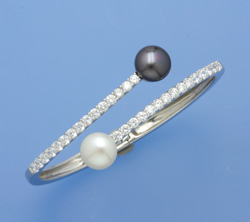 Sterling Silver Bangle with 10-10.5mm Button Shape Freshwater Pearl and Cubic Zirconia - Wing Wo Hing Jewelry Group - Pearl Jewelry Manufacturer