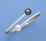 Sterling Silver Bangle with 10-10.5mm Button Shape Freshwater Pearl and Cubic Zirconia - Wing Wo Hing Jewelry Group - Pearl Jewelry Manufacturer