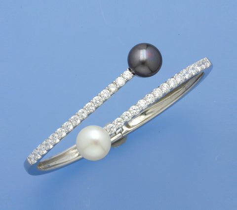 Sterling Silver Bangle with 10-10.5mm Button Shape Freshwater Pearl and Cubic Zirconia
