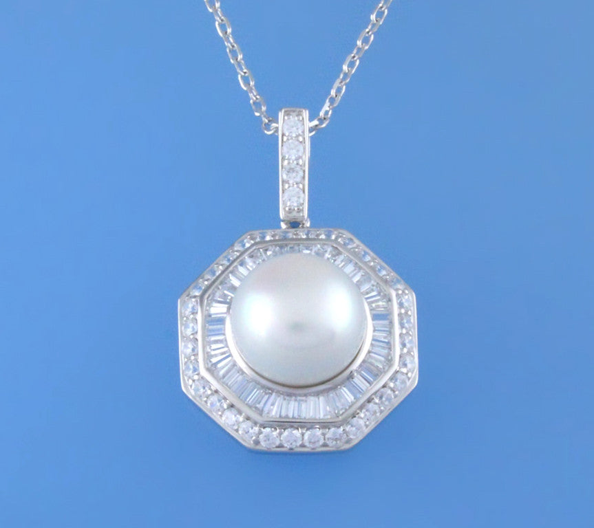Sterling Silver Pendant with 12-12.5mm Button Shape Freshwater Pearl and Cubic Zirconia - Wing Wo Hing Jewelry Group - Pearl Jewelry Manufacturer