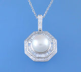 Sterling Silver Pendant with 12-12.5mm Button Shape Freshwater Pearl and Cubic Zirconia - Wing Wo Hing Jewelry Group - Pearl Jewelry Manufacturer