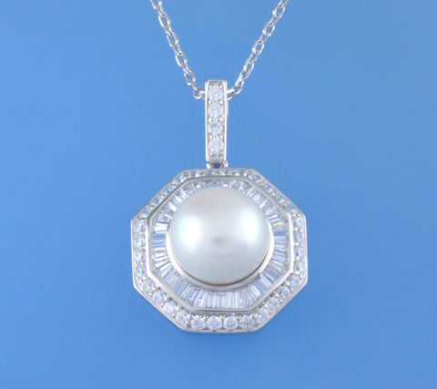 Sterling Silver Pendant with 12-12.5mm Button Shape Freshwater Pearl and Cubic Zirconia