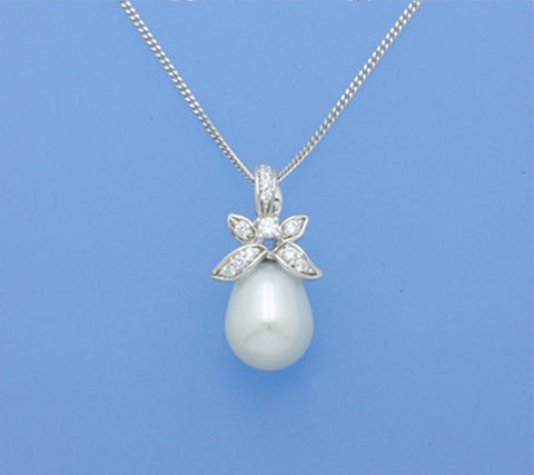 Sterling Silver Pendant with 9-9.5mm Drop Shape Freshwater Pearl and Cubic Zirconia