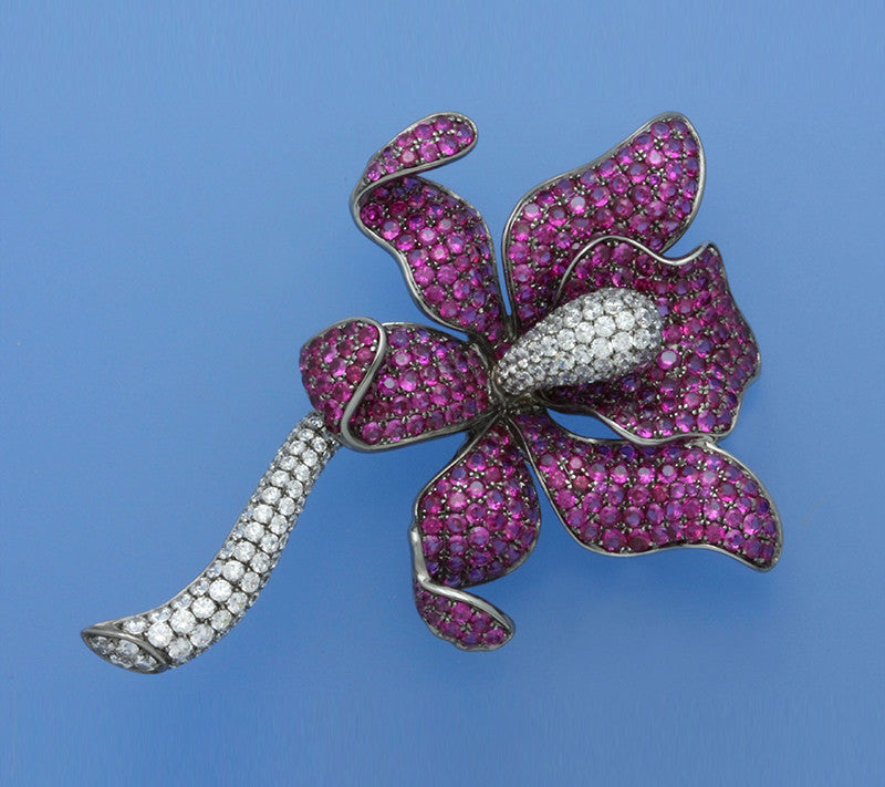 Sterling Silver Brooch with Red Corundum and Cubic Zirconia - Wing Wo Hing Jewelry Group - Pearl Jewelry Manufacturer