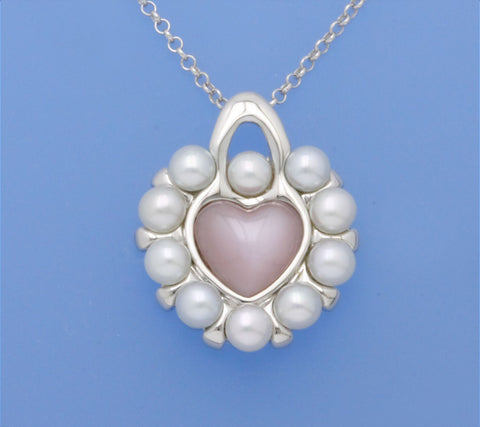 Sterling Silver Pendant with 3.5-4mm Button Shape Freshwater Pearl and Pink heart Shape Mother of Pearl