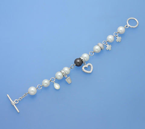 Sterling Silver Bracelet with Round Shape Freshwater Pearl, Mother of Pearl and Cubic Zirconia