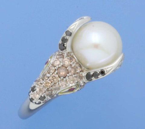 Sterling Silver Ring with 9.5-10mm Button Shape Freshwater Pearl and Cubic Zirconia