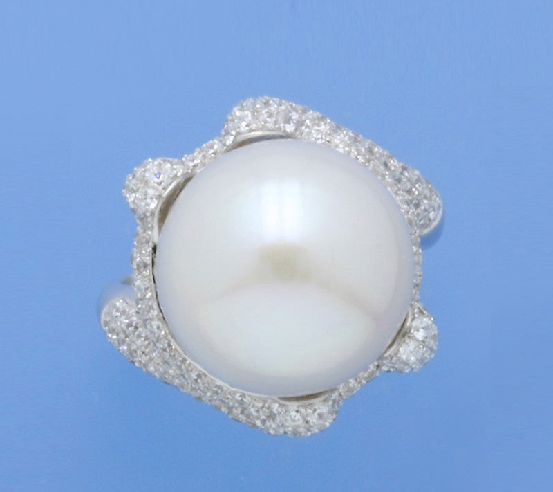 Sterling Silver Ring with 15-15.5mm Button Shape Freshwater Pearl and Cubic Zirconia - Wing Wo Hing Jewelry Group - Pearl Jewelry Manufacturer