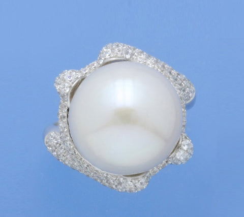 Sterling Silver Ring with 15-15.5mm Button Shape Freshwater Pearl and Cubic Zirconia