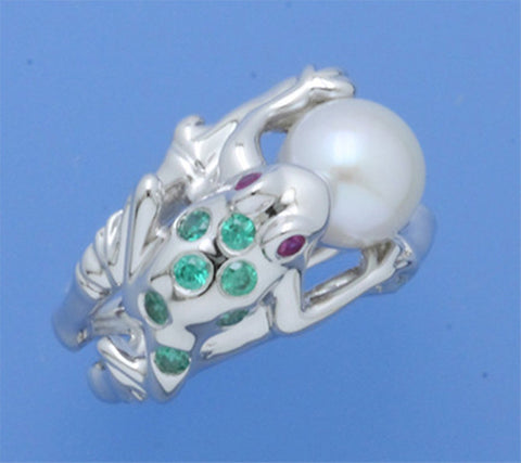 Sterling Silver Ring with 8-8.5mm Button Shape Freshwater Pearl and Green and Red Corundum
