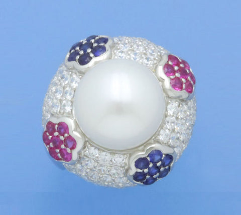 Sterling Silver Ring with 12-12.5mm Button Shape Freshwater Pearl and Cubic Zirconia