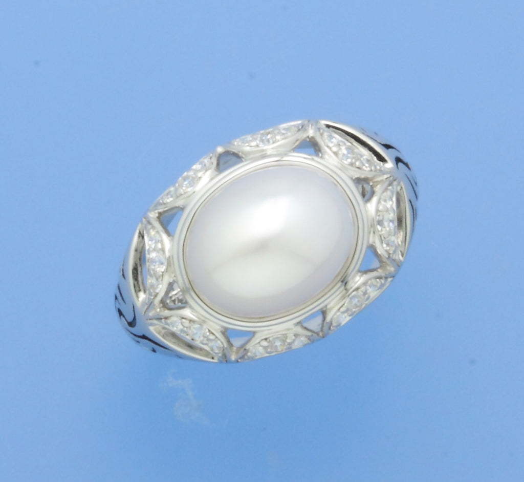 White and Black Plated Silver Ring with 9*11mm Oval Shape Freshwater Pearl and Cubic Zirconia - Wing Wo Hing Jewelry Group - Pearl Jewelry Manufacturer