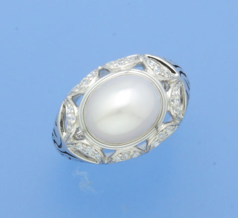 White and Black Plated Silver Ring with 9*11mm Oval Shape Freshwater Pearl and Cubic Zirconia