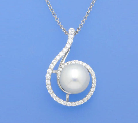 Sterling Silver Pendant with 9.5-10mm Button Shape Freshwater Pearl and Cubic Zirconia