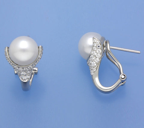Sterling Silver Earrings with 9-9.5mm Button Shape Freshwater Pearl and Cubic Zirconia