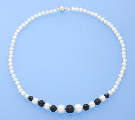 Sterling Silver Necklace with 5.5-10.5mm Round Shape Freshwater Pearl and Black Agate