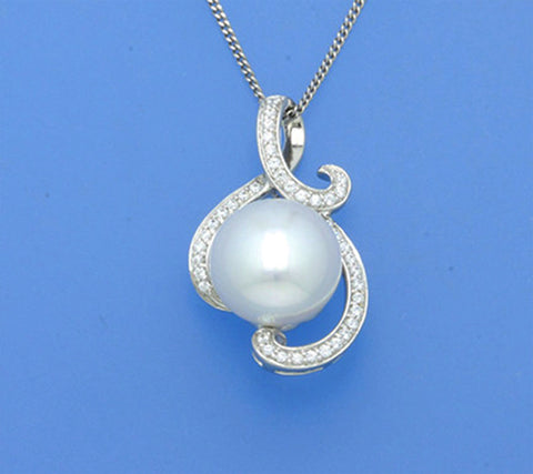 Sterling Silver Pendant with 11.5-12mm Button Shape Freshwater Pearl and Cubic Zirconia