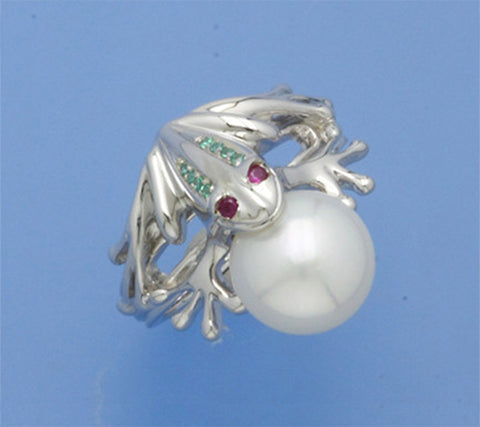 Sterling Silver Ring with 10-10.5mm Button Shape Freshwater Pearl and Cubic Zirconia