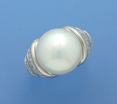 Sterling Silver Ring with 13.5-14mm Button Shape Freshwater Pearl and Cubic Zirconia