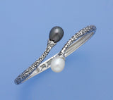 White and Black Plated Silver Bangle with 9-9.5mm Drop Shape Freshwater Pearl - Wing Wo Hing Jewelry Group - Pearl Jewelry Manufacturer