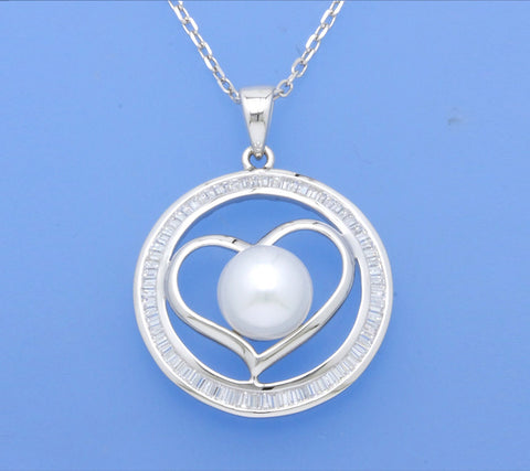 Sterling Silver Pendant with 9.5-10mm Button Shape Freshwater Pearl and Cubic Zirconia