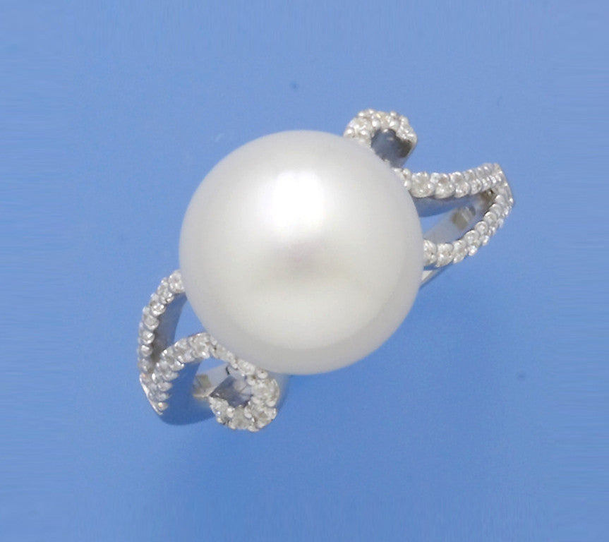 Sterling Silver Ring with 12-12.5mm Button Shape Freshwater Pearl and Cubic Zirconia - Wing Wo Hing Jewelry Group - Pearl Jewelry Manufacturer